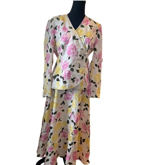 Vintage Adrianna Papell 100% Silk Floral 2-Piece Skirt Set – Size 8 - Picture 1 of 4